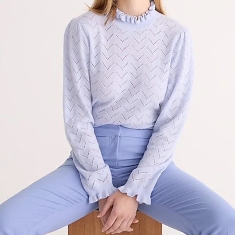 J.Crew Shale Blue Cashmere Pointelle Ruffle Mock Neck Sweater